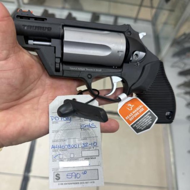 Taurus Judge Public Defender Poly Black/Stainless 45 Long Colt + 410 Shotshell Revolver Black 2.5" Barrel 5 Rounds,